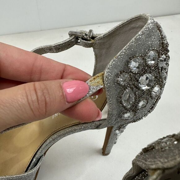 Gianni Bini Silver Glitter Beaded Rhinestone Platform Peep Toe Stiletto Heel 7.5 - Picture 4 of 10